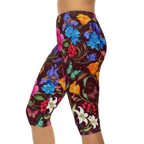 Floral Butterfly Capri Leggings — Bright Garden Print Women's Capri