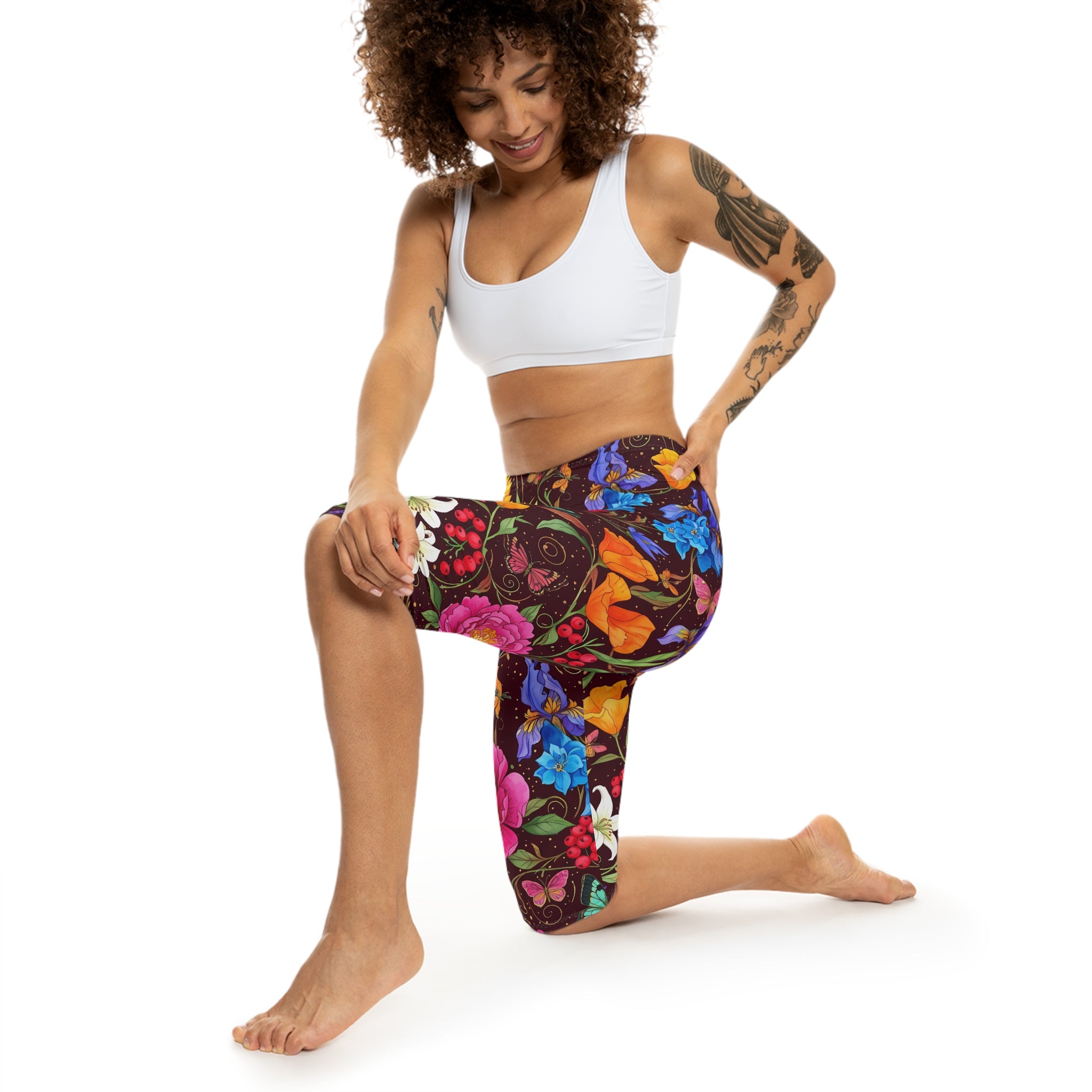 Floral Butterfly Capri Leggings — Bright Garden Print Women's Capri