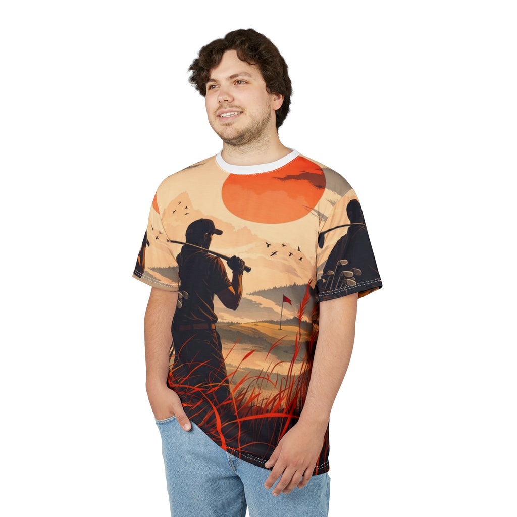 Golfer silhouette sunset Tee | All-over print golf scene