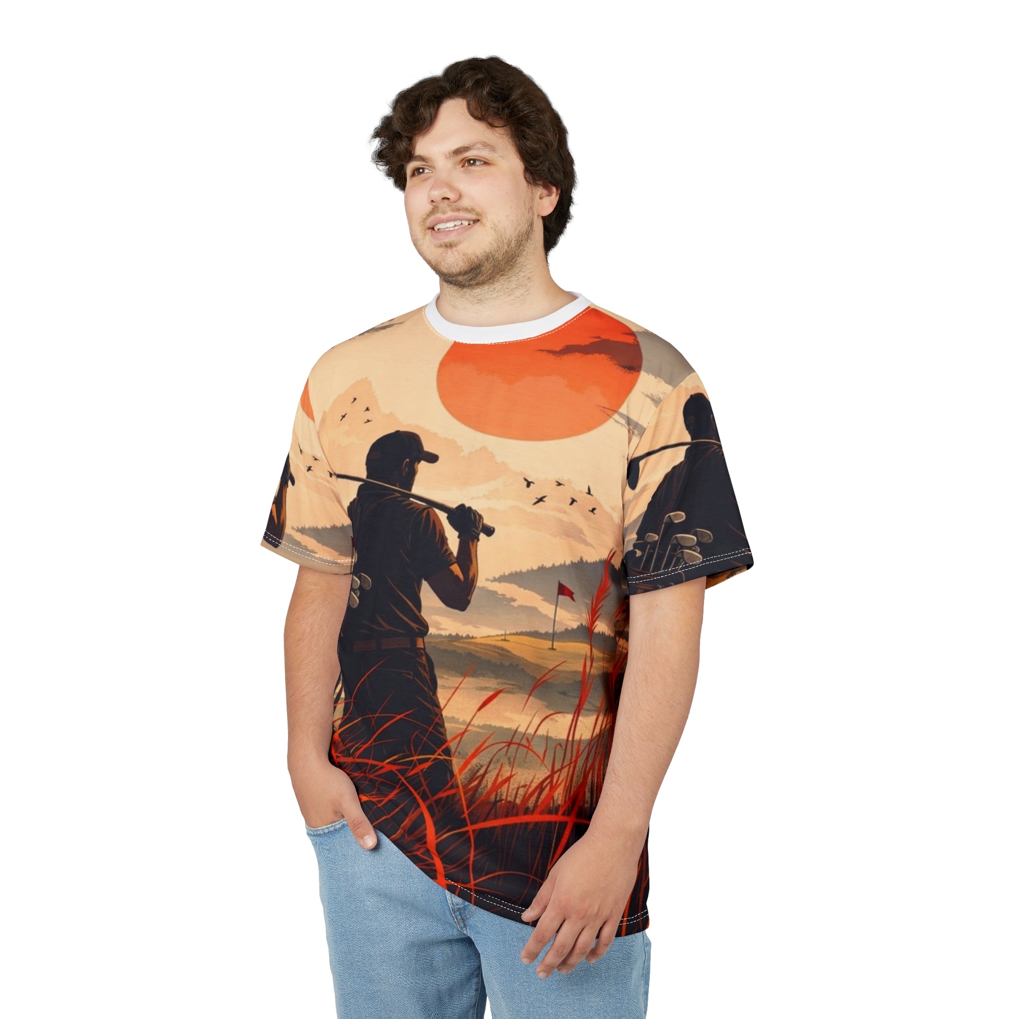 Golfer silhouette sunset Tee | All-over print golf scene