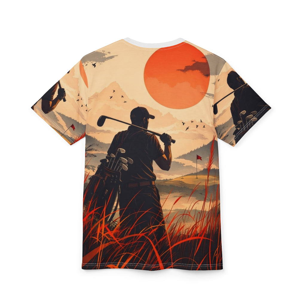 Golfer silhouette sunset Tee | All-over print golf scene