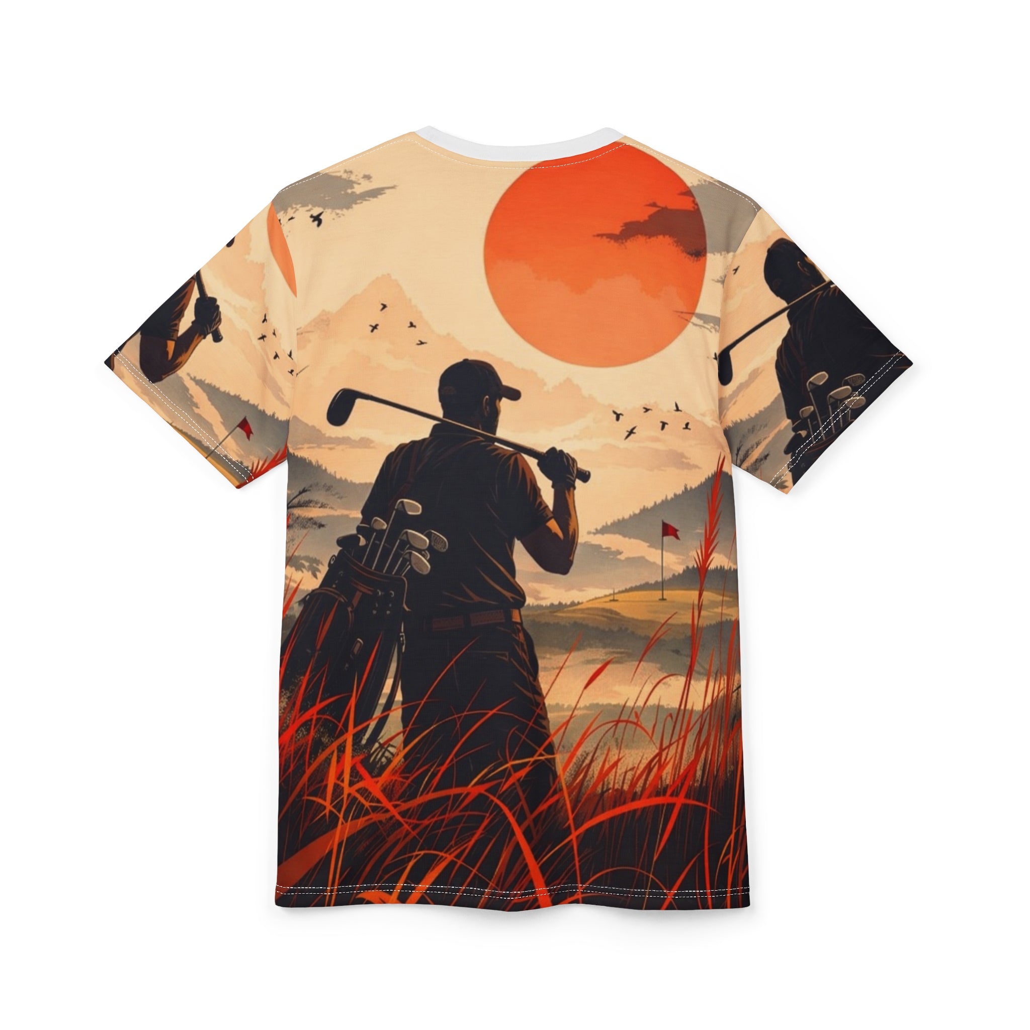 Golfer silhouette sunset Tee | All-over print golf scene