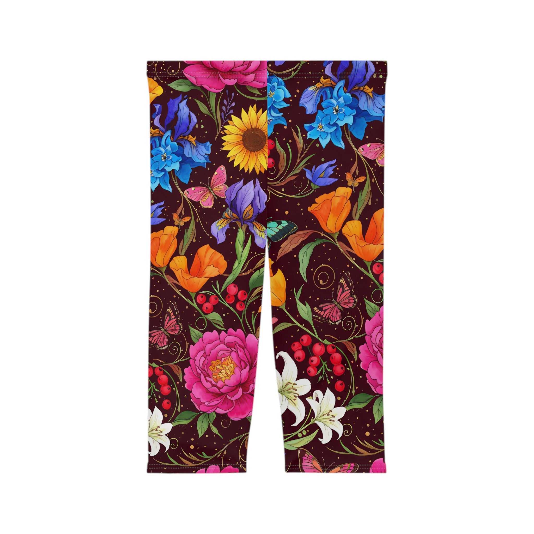 Floral Butterfly Capri Leggings — Bright Garden Print Women's Capri
