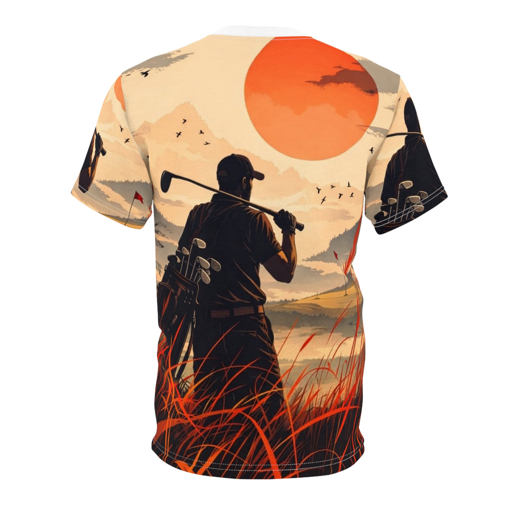 Golfer silhouette sunset Tee | All-over print golf scene