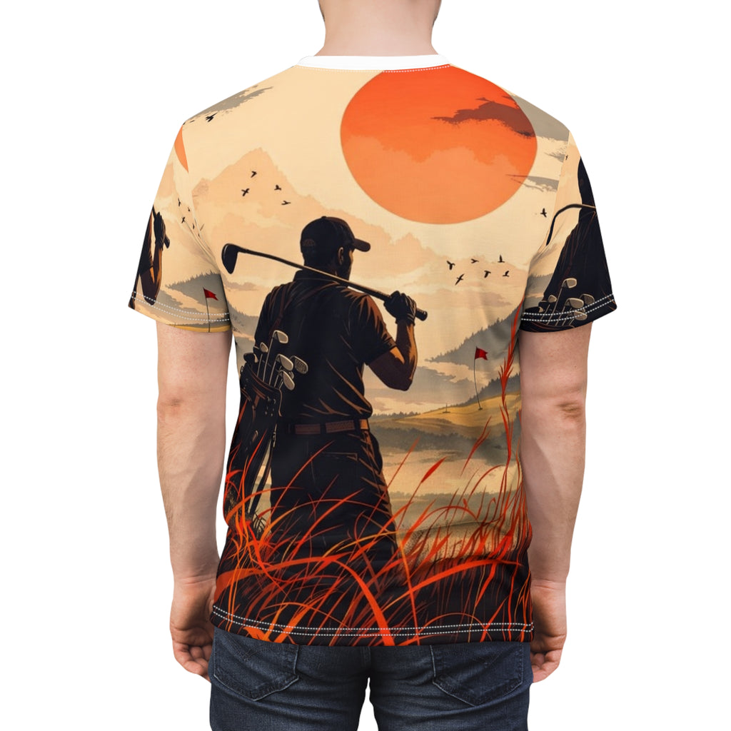 Golfer silhouette sunset Tee | All-over print golf scene