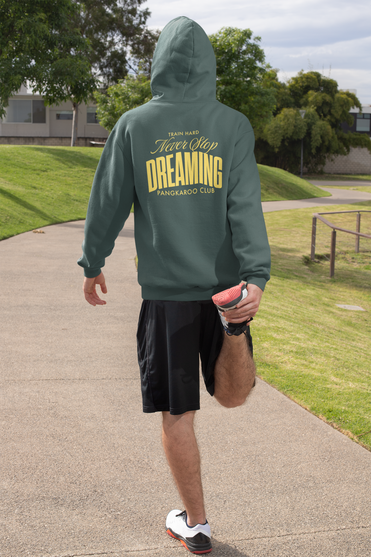 Never Stop Dreaming Hoodie | Yellow Arch Text Back Print