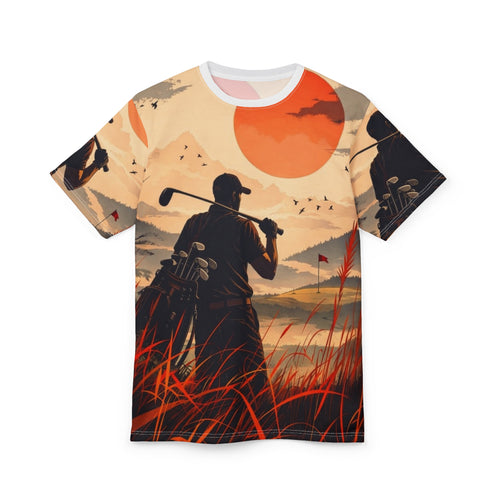 Golfer silhouette sunset Tee | All-over print golf scene
