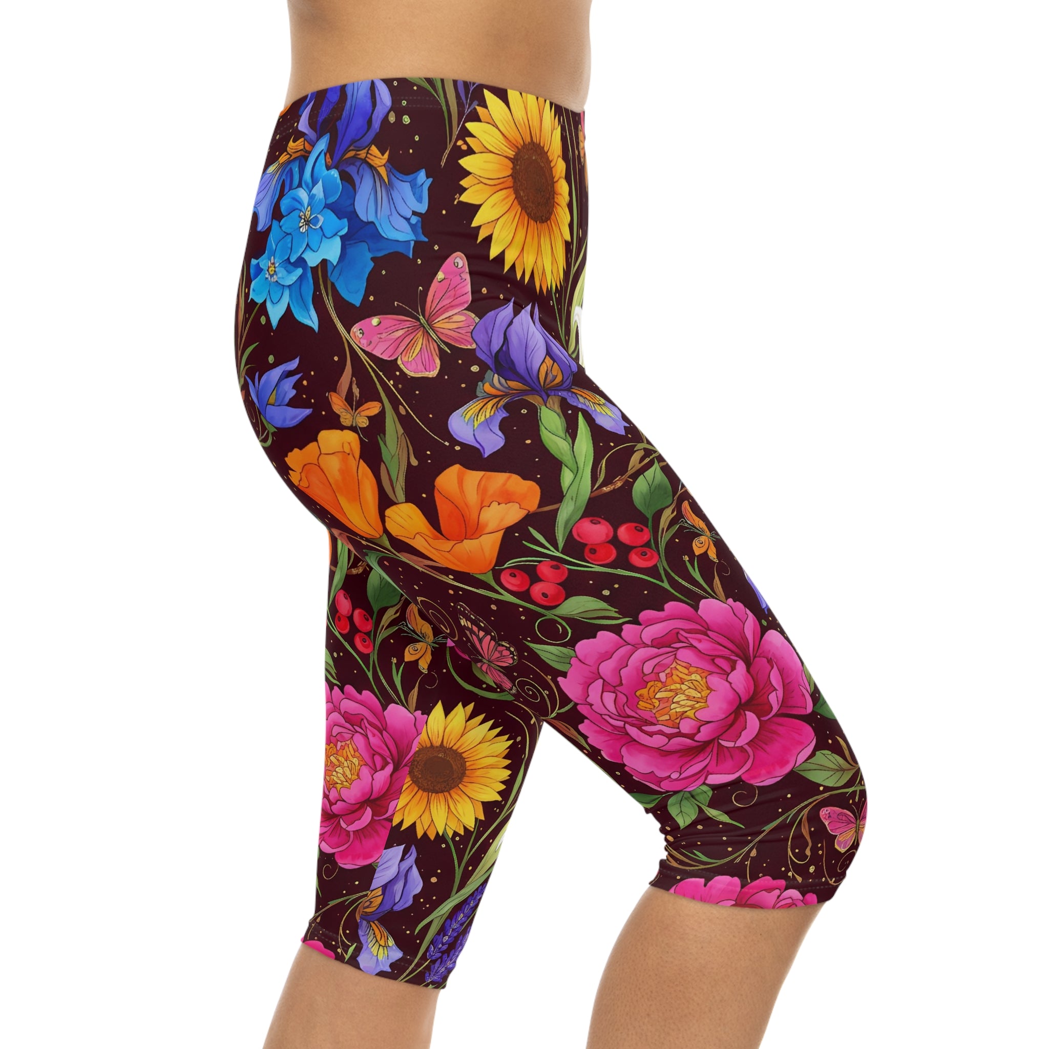 Floral Butterfly Capri Leggings — Bright Garden Print Women's Capri