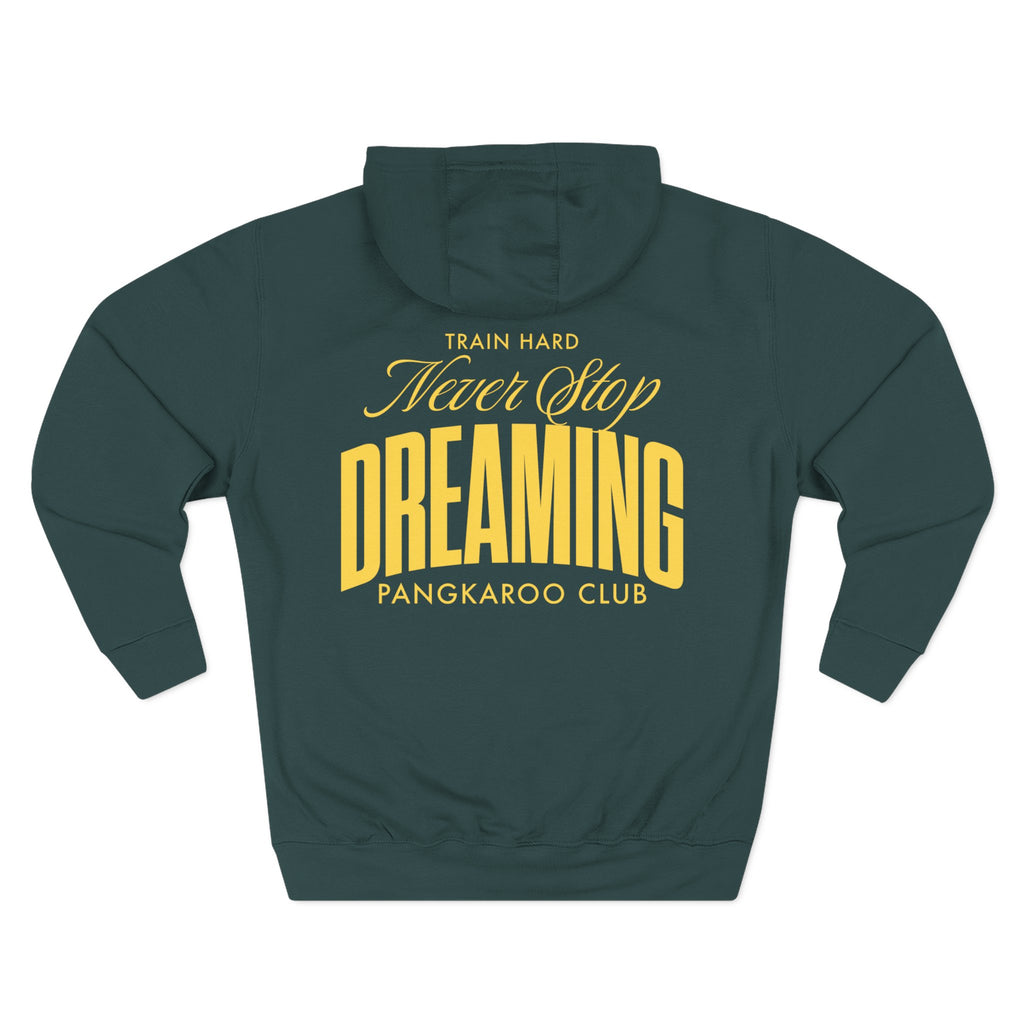 Never Stop Dreaming Hoodie | Yellow Arch Text Back Print