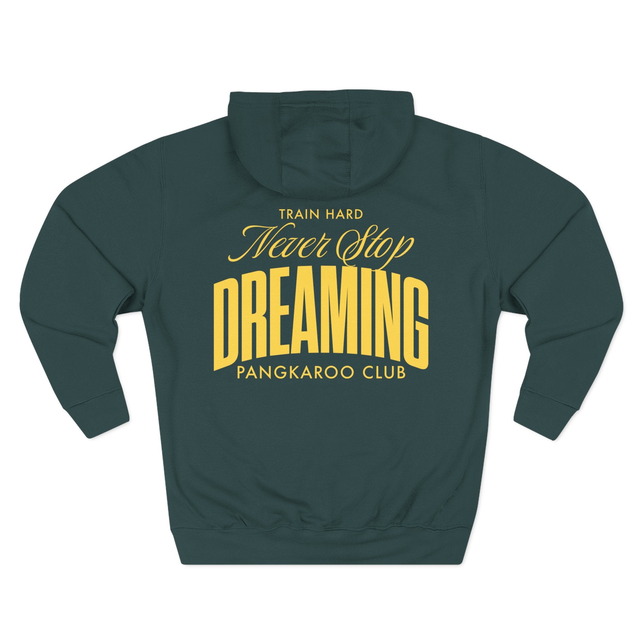 Never Stop Dreaming Hoodie | Yellow Arch Text Back Print