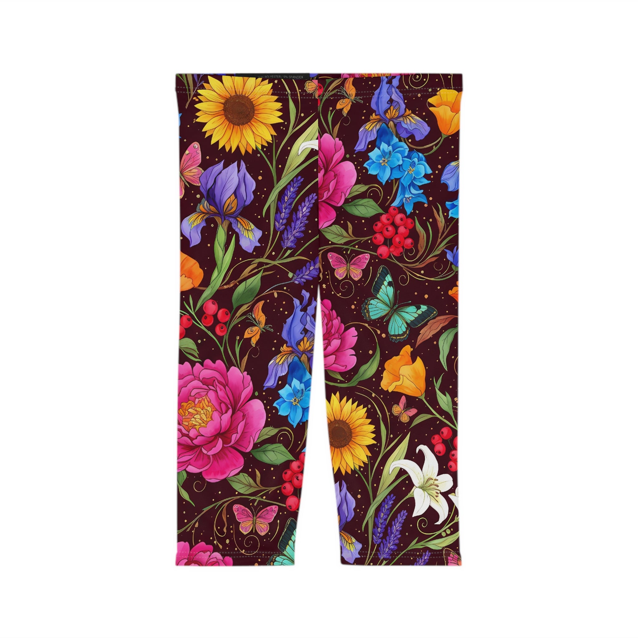 Floral Butterfly Capri Leggings — Bright Garden Print Women's Capri