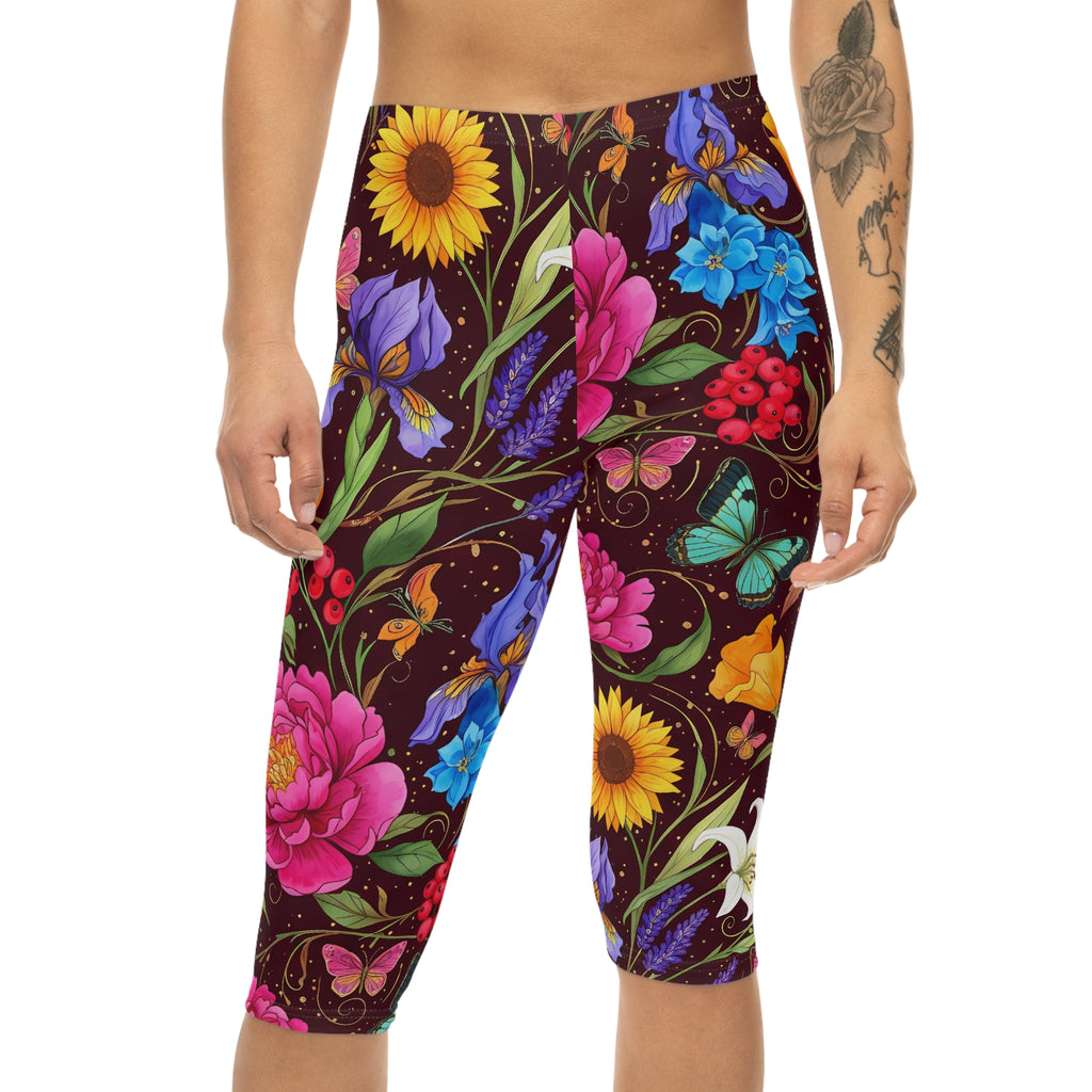 Floral Butterfly Capri Leggings — Bright Garden Print Women's Capri