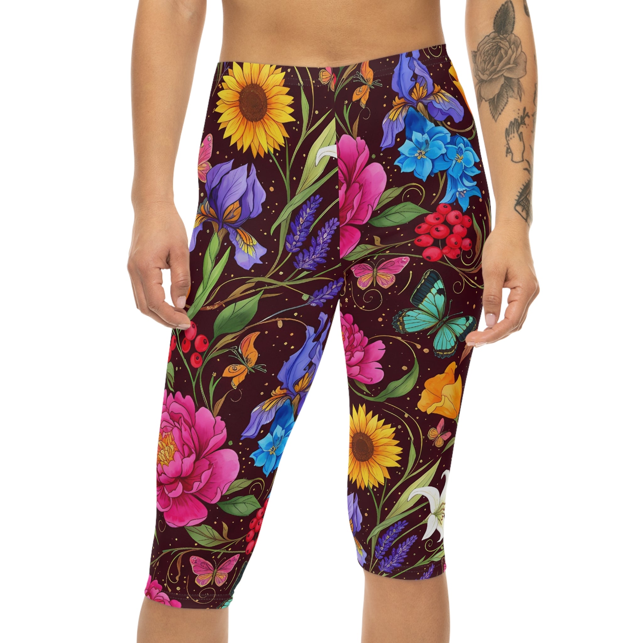 Floral Butterfly Capri Leggings — Bright Garden Print Women's Capri