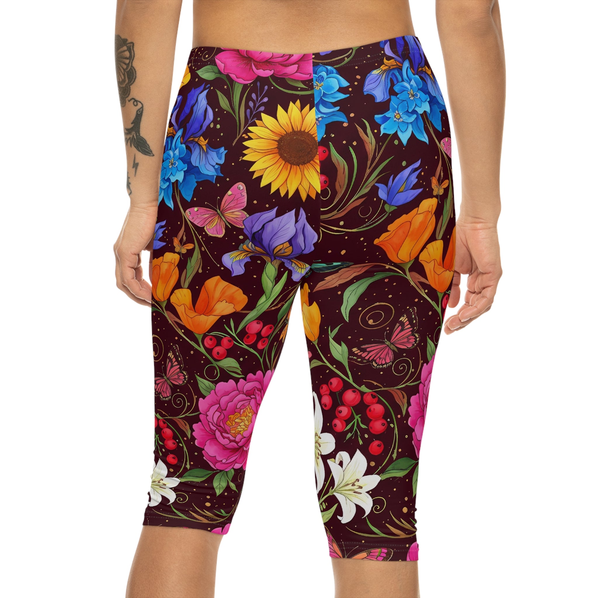 Floral Butterfly Capri Leggings — Bright Garden Print Women's Capri