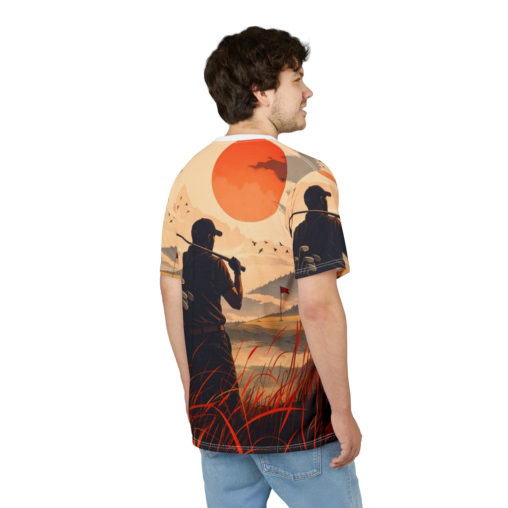 Golfer silhouette sunset Tee | All-over print golf scene