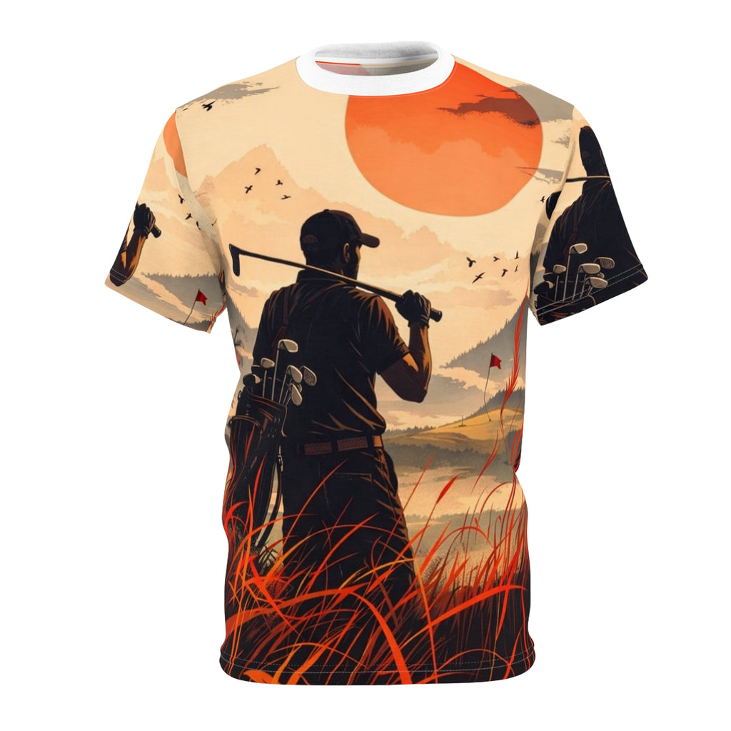 Golfer silhouette sunset Tee | All-over print golf scene